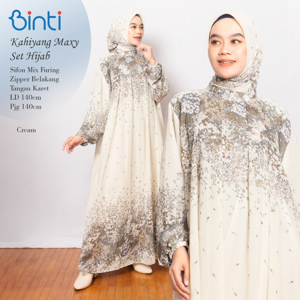 binti gamis jumbo wanita ld 140 kahiyang set hijab motif bunga mat sifon mix furing