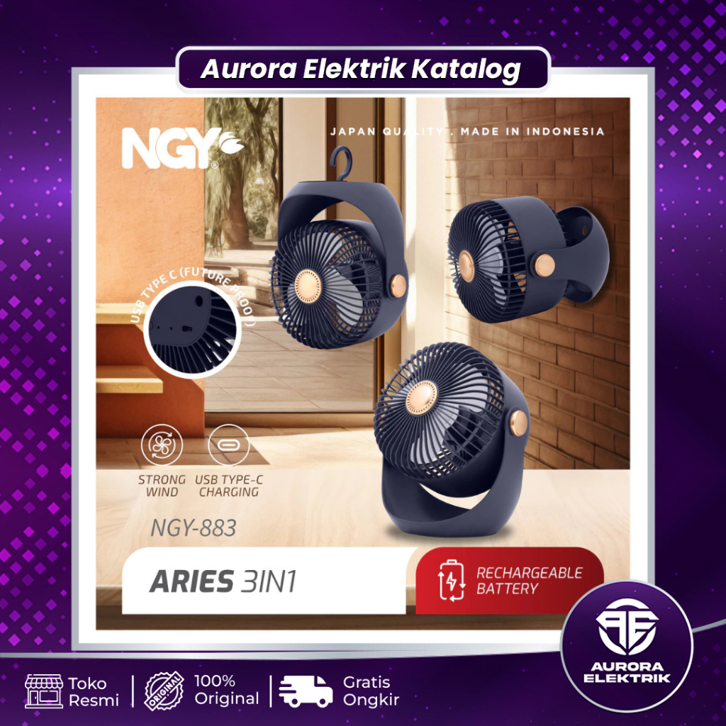 Kipas Angin Portable / Kipas Angin Gantung Rechargeable Fan 3in1 NAGOYA Aries 883