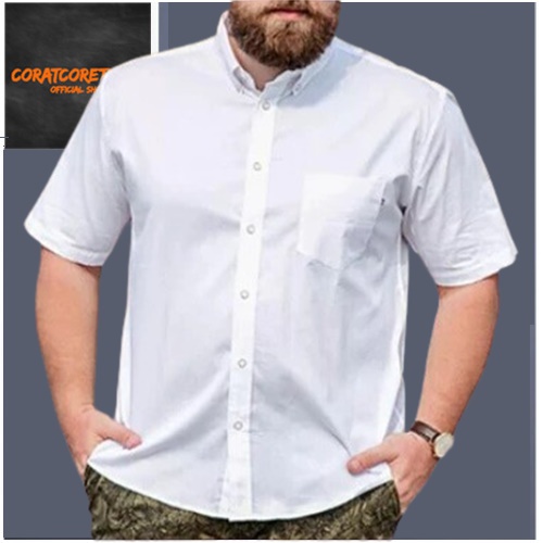 CORAT CORET Kemeja Pria Hem Cowok Jumbo Big Size Ukuran Besar Pendek Polos Kancing Kantong Saku PUTI