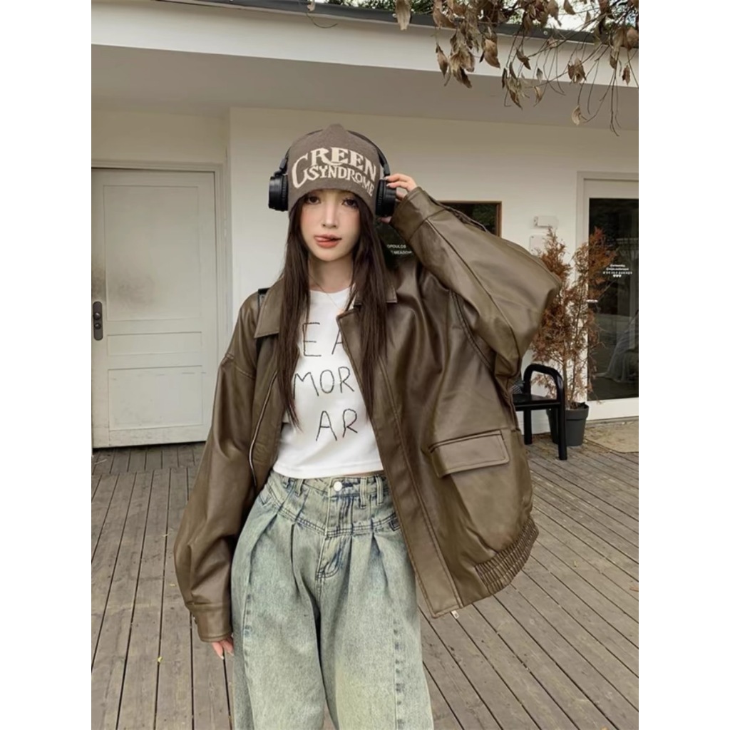 [READY] ETHEL COUTURE - Nyx Leather Jacket / Luaran Outer Wanita Jaket Kulit Oversize Besar Streetwe