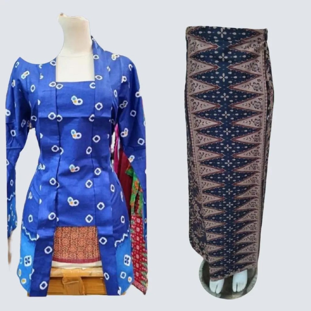 Setelan Kebaya Model Kutu Baru Modern Jumputan Bahan Kain Katun Batik Warna Biru
