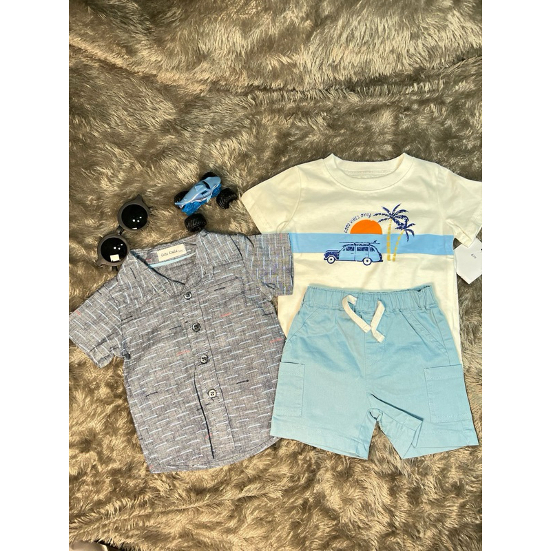 Set Baju Kemeja Bayi Laki-laki 3in1 Kemeja Baju Atasan dan Celana Pendek Motif Mobil Pantai
