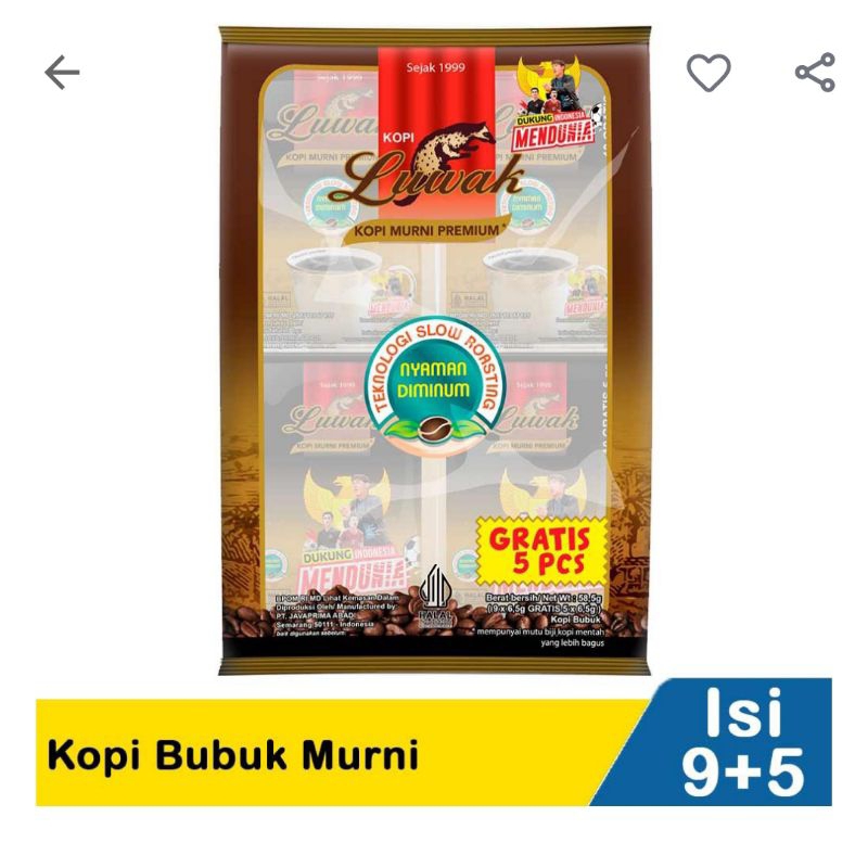 

Luwak Kopi Bubuk Murni 9+5 x 6,5gr