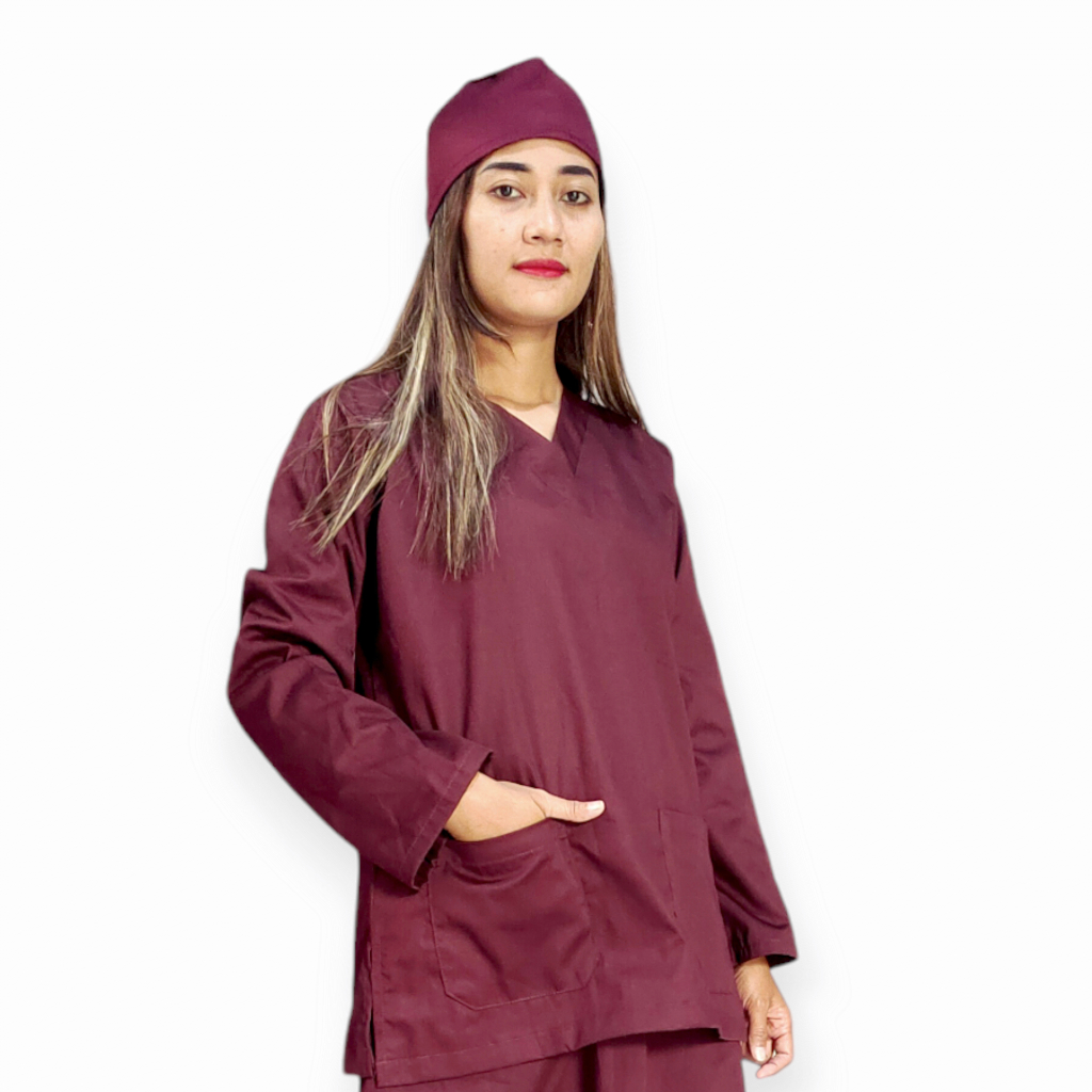 Baju Ok Lengan Panjang Burgundi Scrub Medis Jumbo Seragam Perawat Jaga / Baju Ok Burgundy