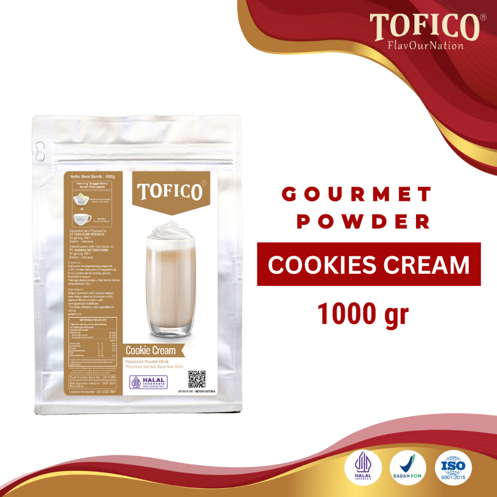

Powder Cookies Cream Tofico / Bubuk Minuman Rasa Cookies Cream Premium 1KG / Tofico Syrup Official