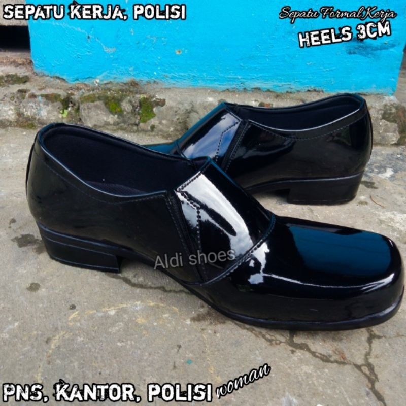 Sepatu Ankle Boots Pantofel Kerja Heels Wanita - Sepatu Pdh Polwan Halfboot Kilap Elastis