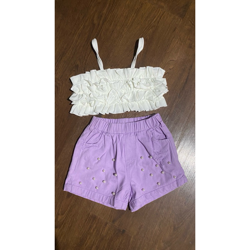 One set sets setelan atasan bawahan top crop white putih lilac ungu anak perempuan girl cewek Shein 