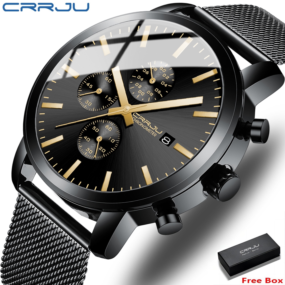 CRRJU Jam Tangan Pria Kalender Bercahaya Olahraga Kasual Kronograf Jam Tangan Cowok