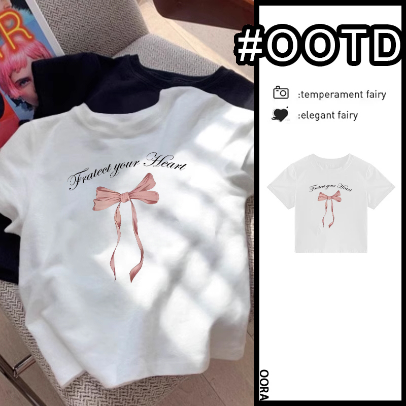 OORA Korean Women's Crop Bow Print Terbaru Women's Top/Pure White Crop Top/T-Shirt Crop Top Wanita/B