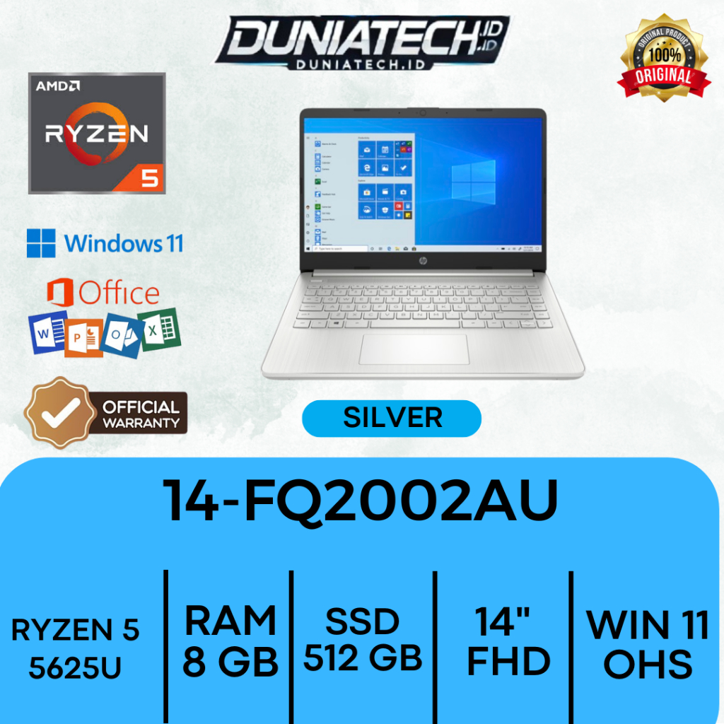 Laptop Hp 14s FQ2002AU - Ryzen 5 5625U 8GB 512ssd W11+OHS SILVER