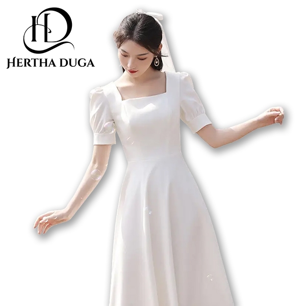Hertha Duga baju midi dress putih panjang natal wanita kekinian muslimah korea style import kondanga