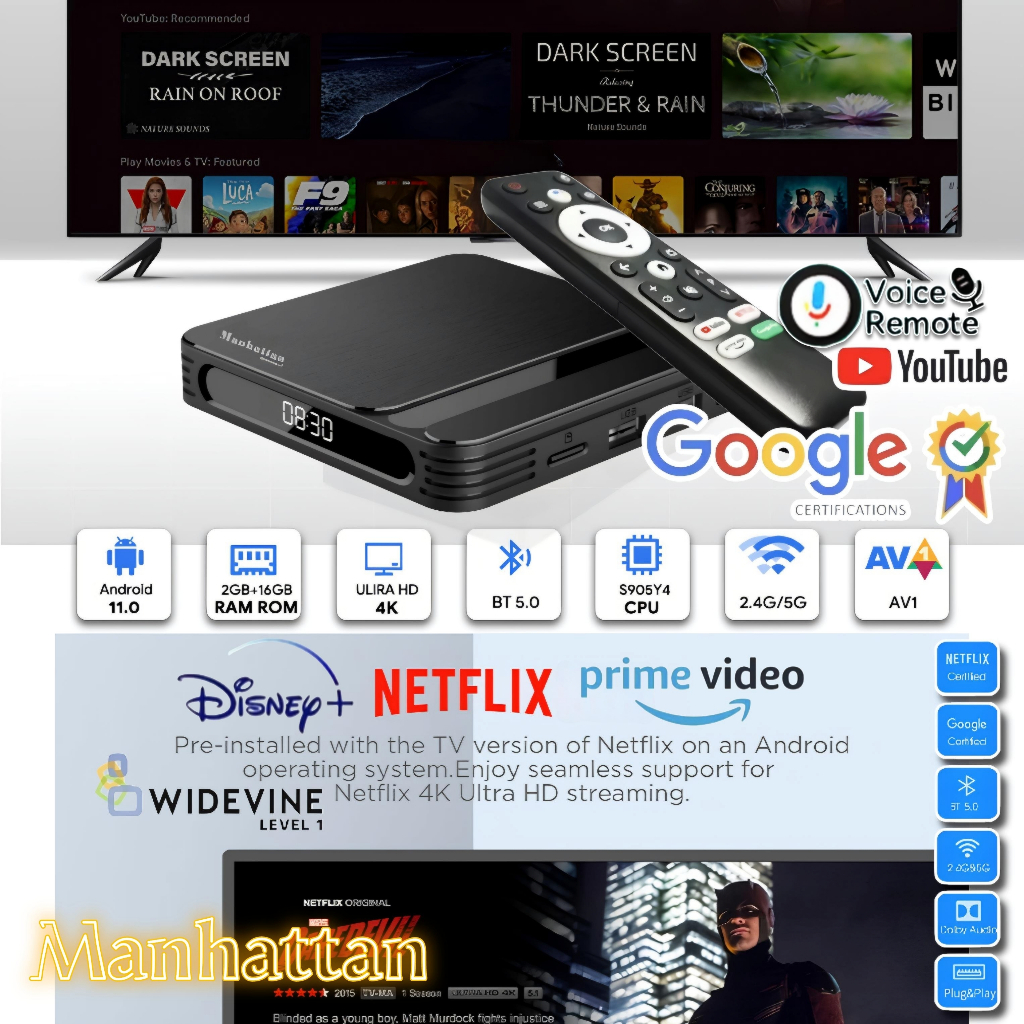 Manhattan Android tv box stb OS11 remot voice google asistant karaoke 2G Ram16G Rom windevine L1 AV1