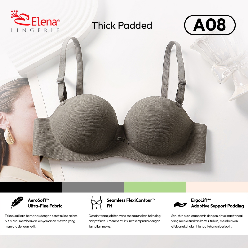 Elena Bra Push Up Seamless Tanpa Kawat Busa Tebal Cup B Kait 2 Half Cup Polos Bh 34B - 38B A08