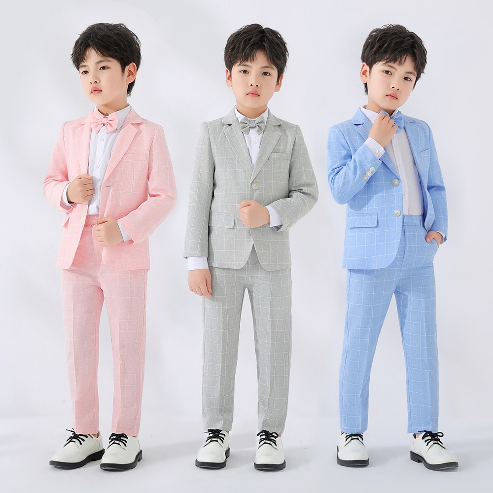Setelan Anak Laki-laki 3 Buah Abu Biru Formal Jas Blazer Celana Dasi Kupu-kupu Tuxedo Set Pria Setel