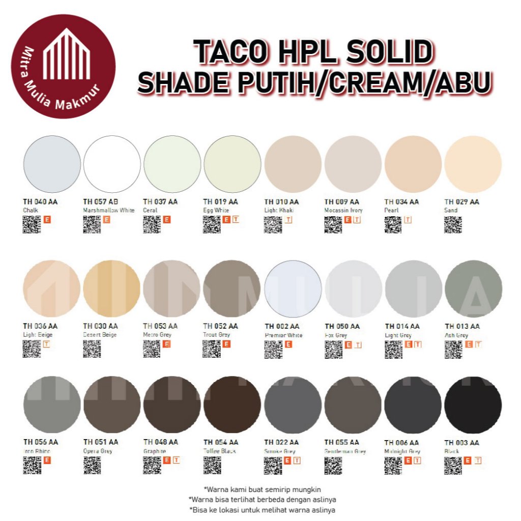 TACO HPL Motif Solid AA Kulit Jeruk Warna Putih/Cream/Abu READY STOCK