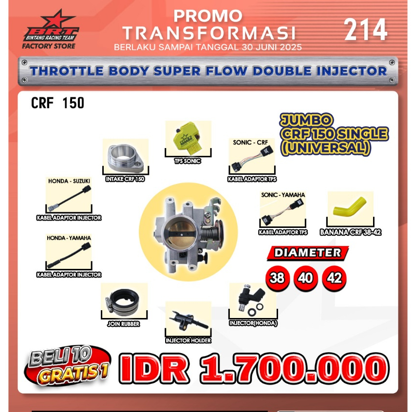 PAKET JUMBO SPECIAL TB THROTTLE BODY CRF 150 SINGLE (UNIVERSAL) SUPER FLOW DOUBLE INJECTOR INJEKSI C