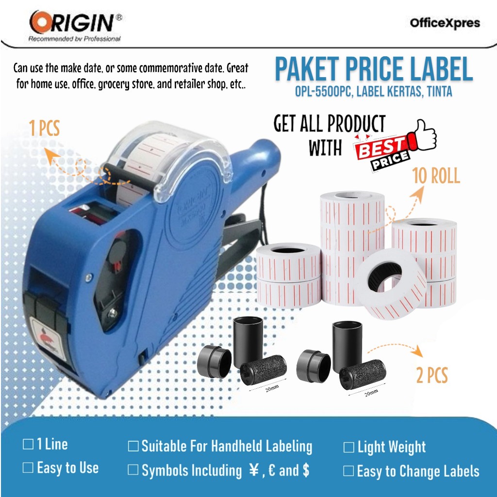 

PAKET Price Label (FULL SET) Untuk Bisnis / Alat Cetak Harga + Kertas Label Harga + Tinta / Price Labeller 1 Line OPL-5500PC
