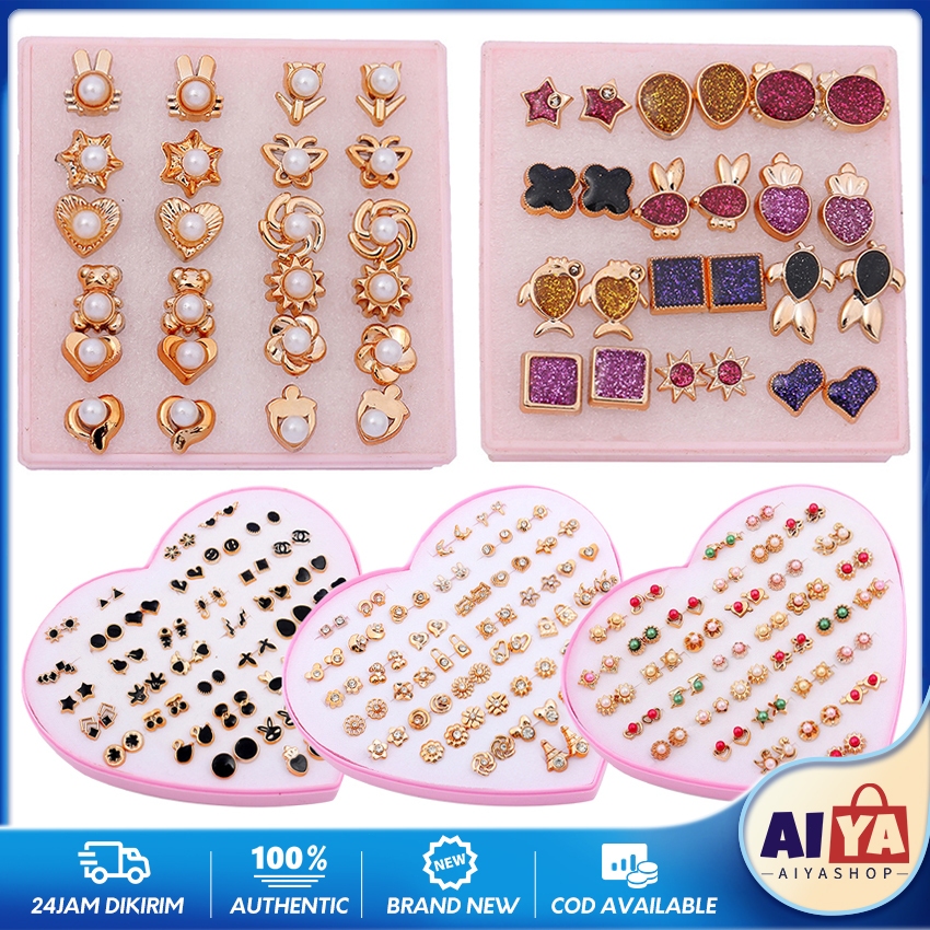 36 Pasang/Set Anting Tusuk Stud Fashion Wanita S925 Anting Mutiara Geometris Bulat Hati Kancing Teli