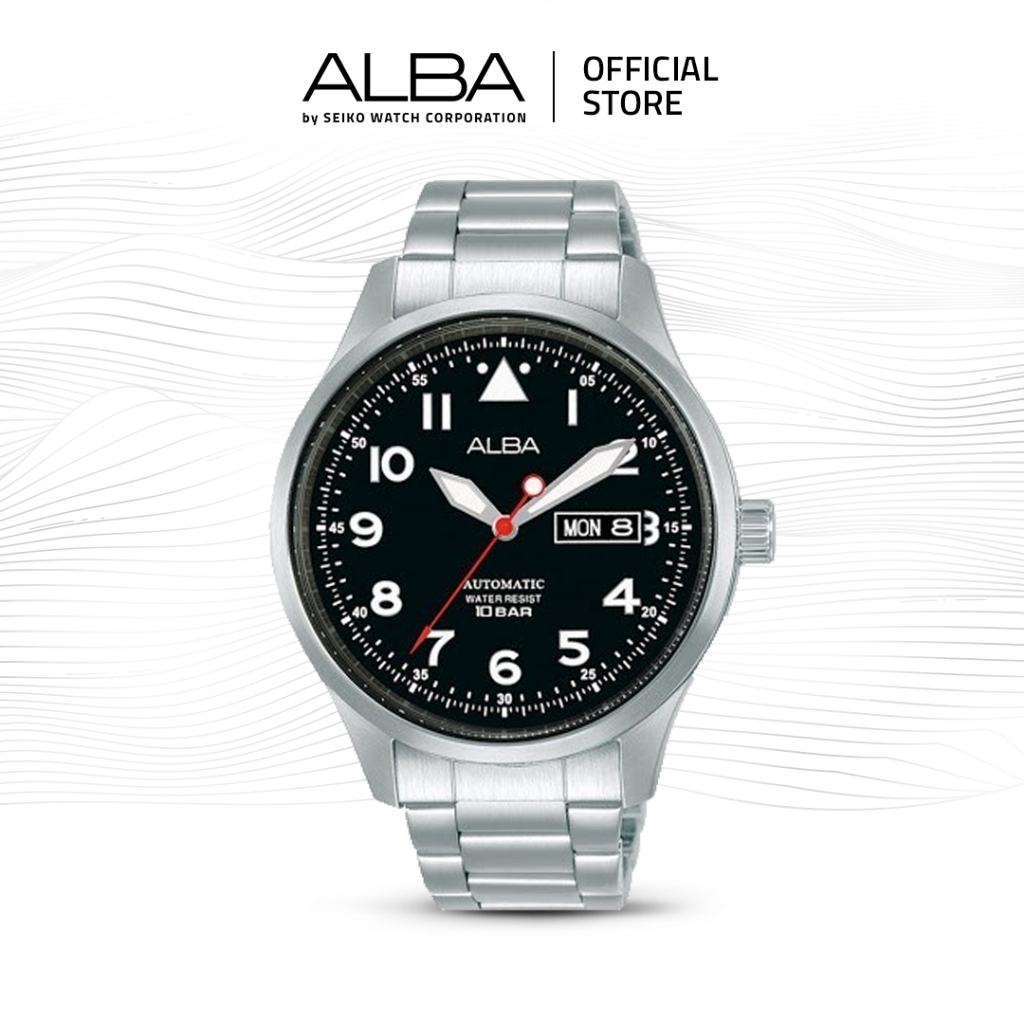 Alba Mechanical Jam Tangan Pria AL4205 / AL4205X1 Automatic Black Dial Stainless Steel Strap Watch