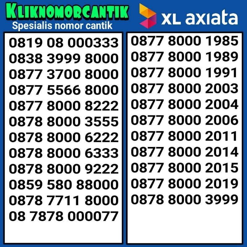 Nomor cantik XL 4G&5G kartu perdana XL Axiata Seri 8000 A2