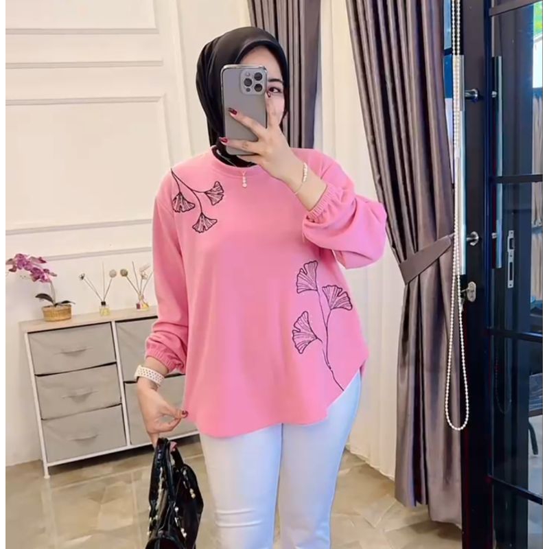 atasan blus wanita kaos knit rajut import bordir cantik kekinian