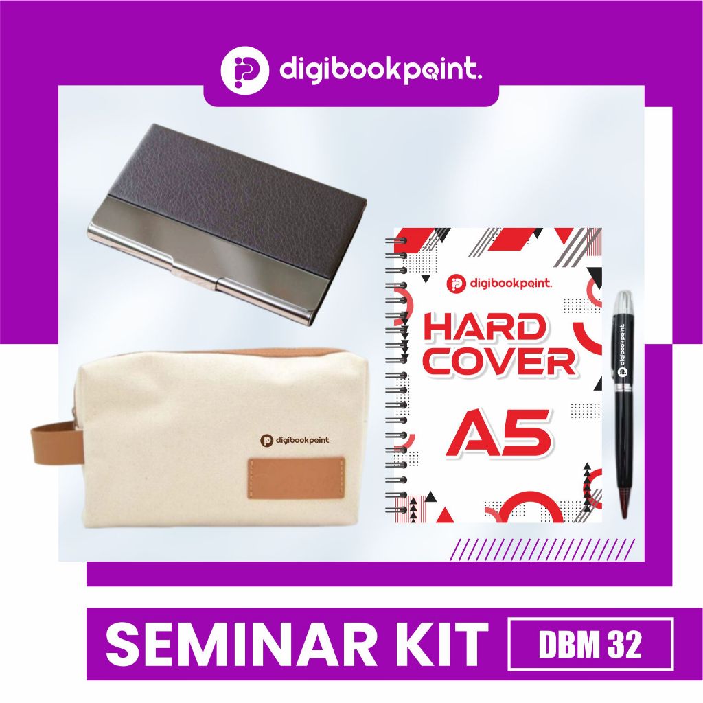 

Paket Seminar Kit Custom isi 4 - Pouch Canvas, Tempar Kartu Nama, Notebook Hardcover A5, Pulpen Besi Grafir - DBM 32
