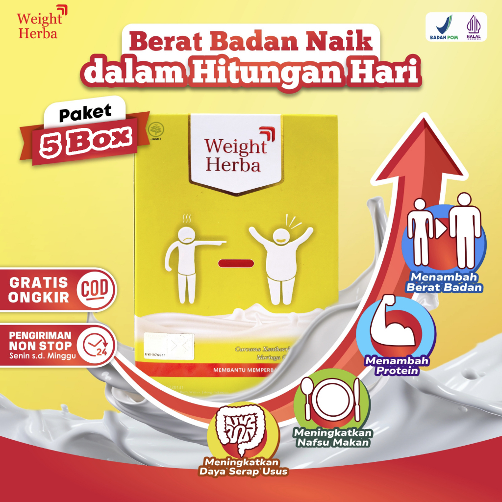

PAKET 5 BOX WEIGHT HERBA - Susu Protein Gemuk Badan 100% Tingkatkan Berat Badan Nafsu Makan