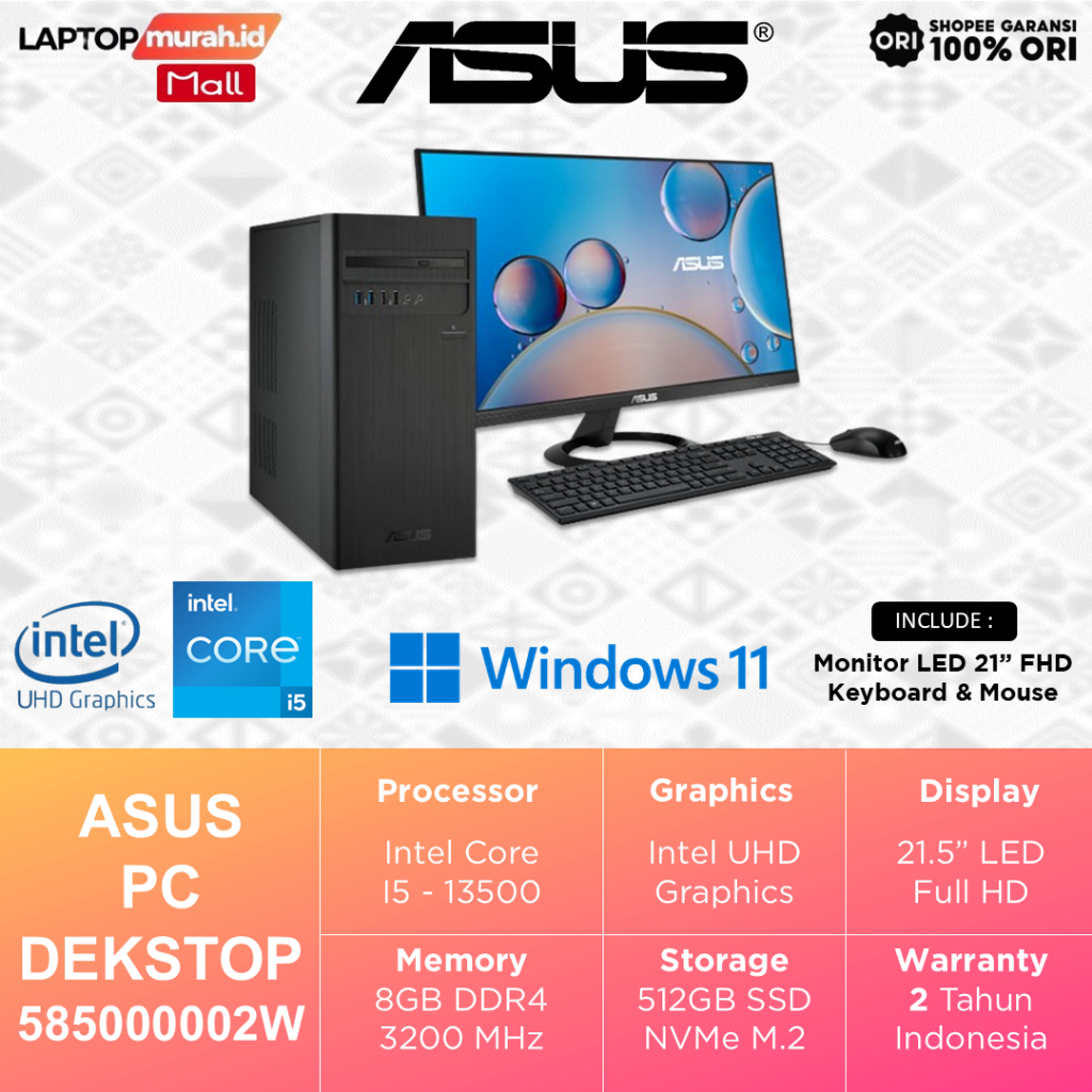 PC Dekstop Asus i5-13500 8GB 512GB Windows 11 - Include Monitor 21" FHD + Keyboard & Mouse
