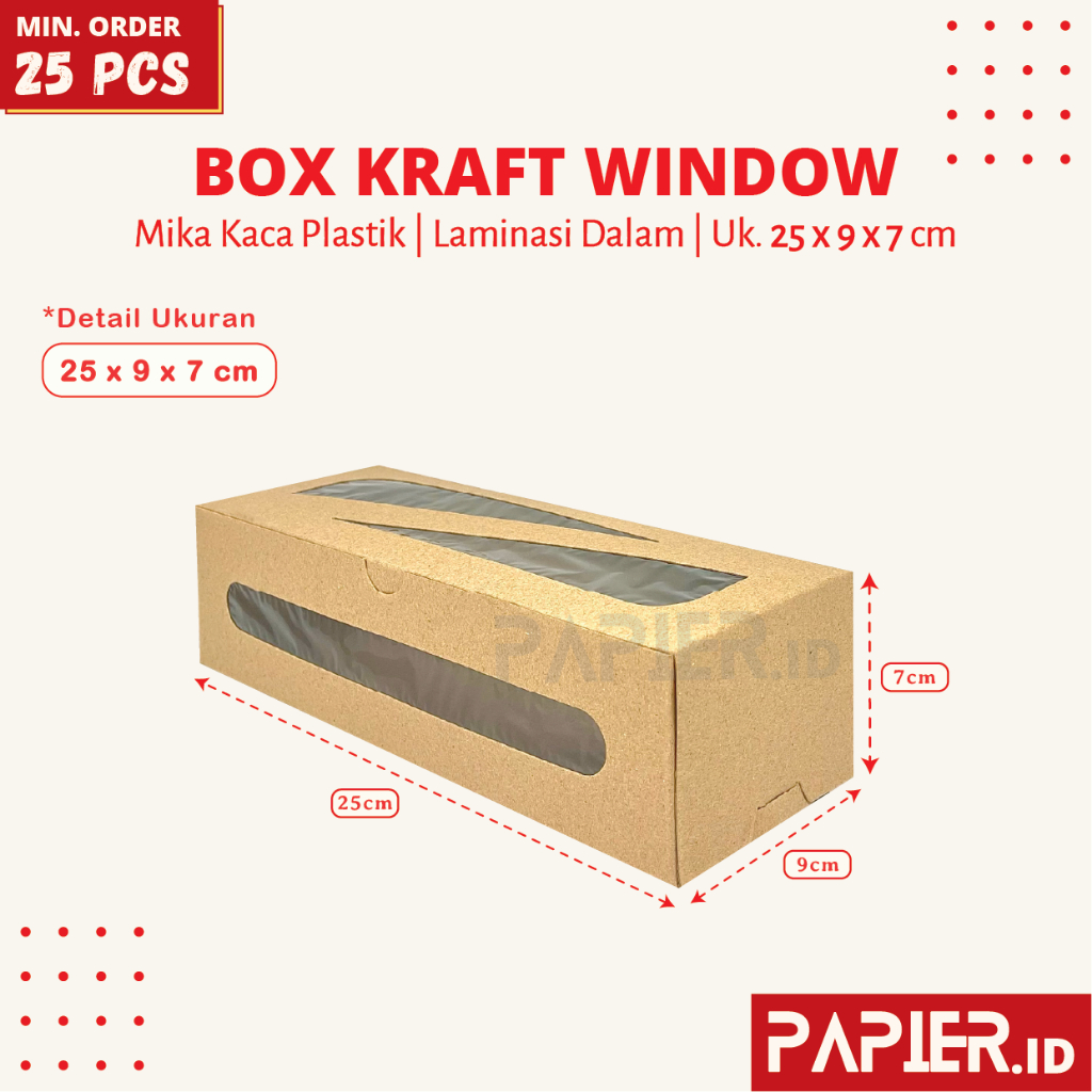 

Box Kraft Window uk. 25x9x7 cm Laminasi Dalam Bahan Kraft | Dus Bolu Gulung Kotak Kue Makanan