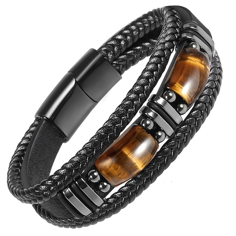 Gelang Mata Harimau Kulit Gelang Batu Macan Kulit Tali Multi-Lapis Bracelet Batu Alam Anti Karat