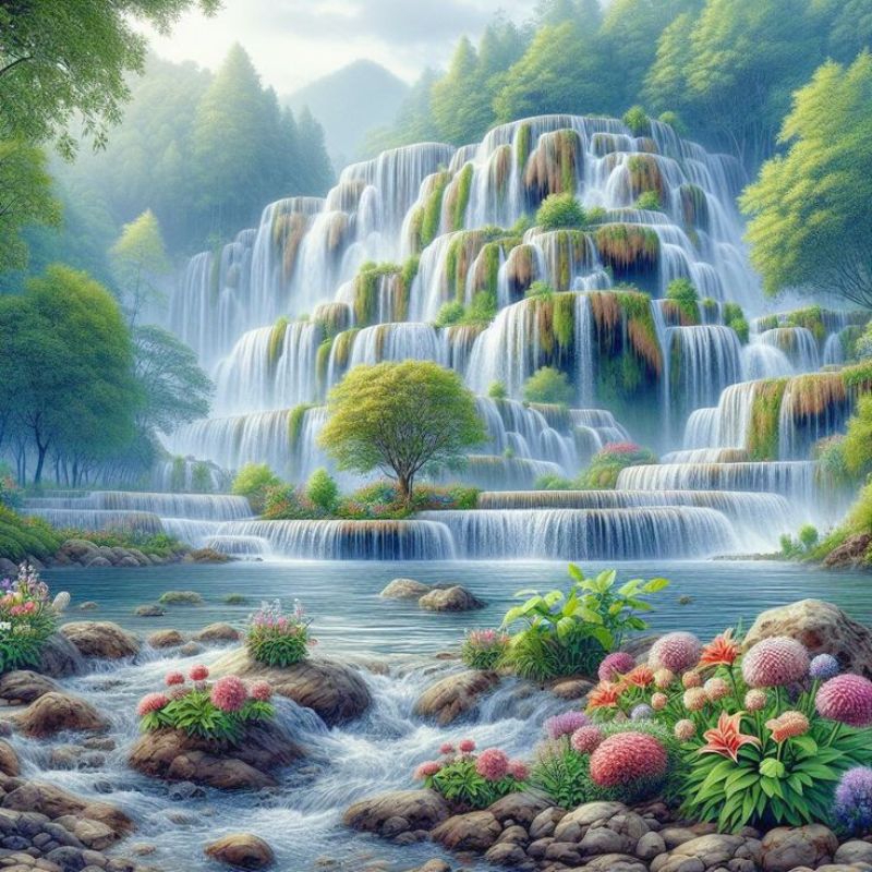 Poster cetak, pemandangan air terjun, hiasan dinding, pemandangan alam air terjun, bisa cod