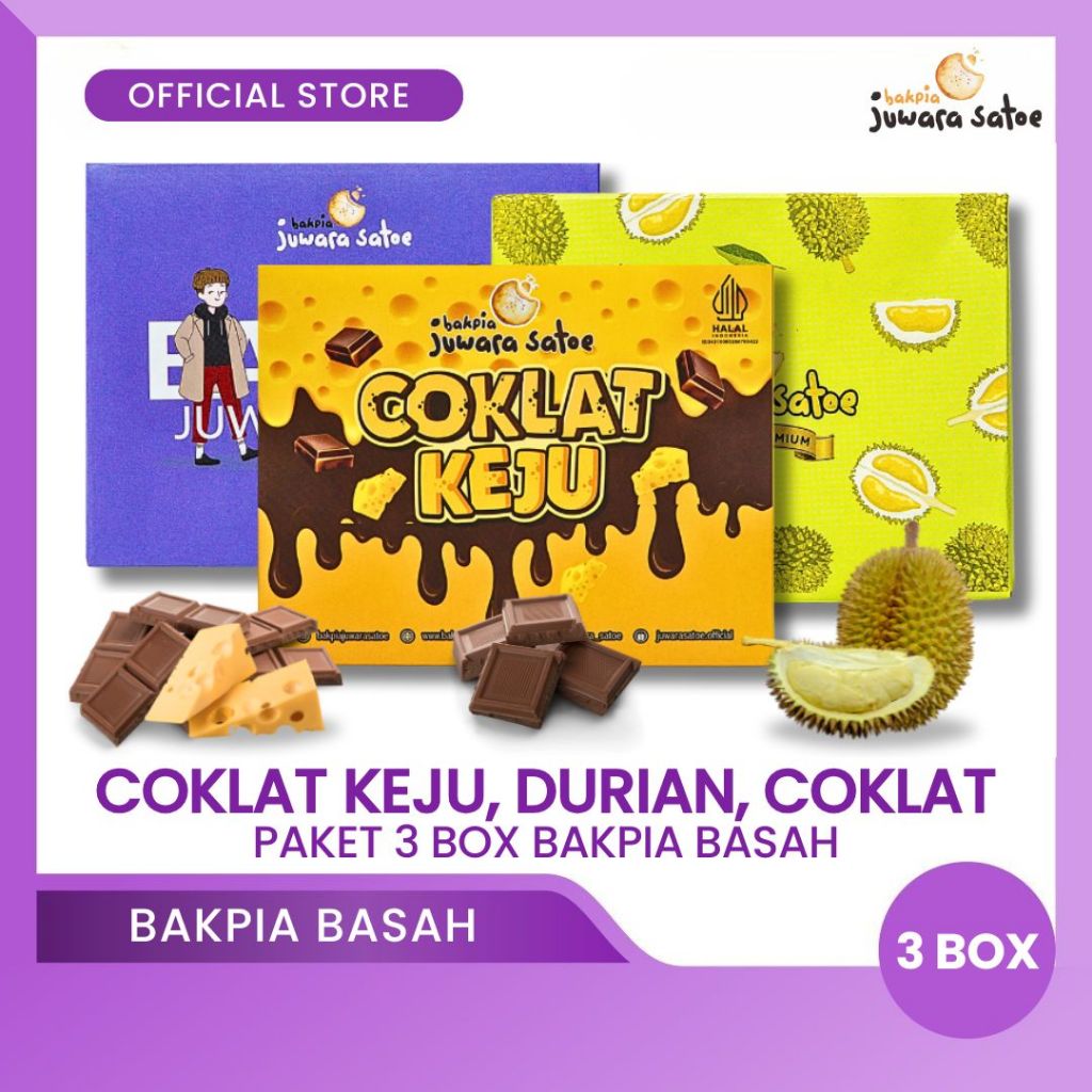 

BAKPIA JUWARA SATOE [ 3 Box ] Paket Bakpia Basah (Coklat Keju, Durian, Coklat) - Oleh Oleh Khas Jogja
