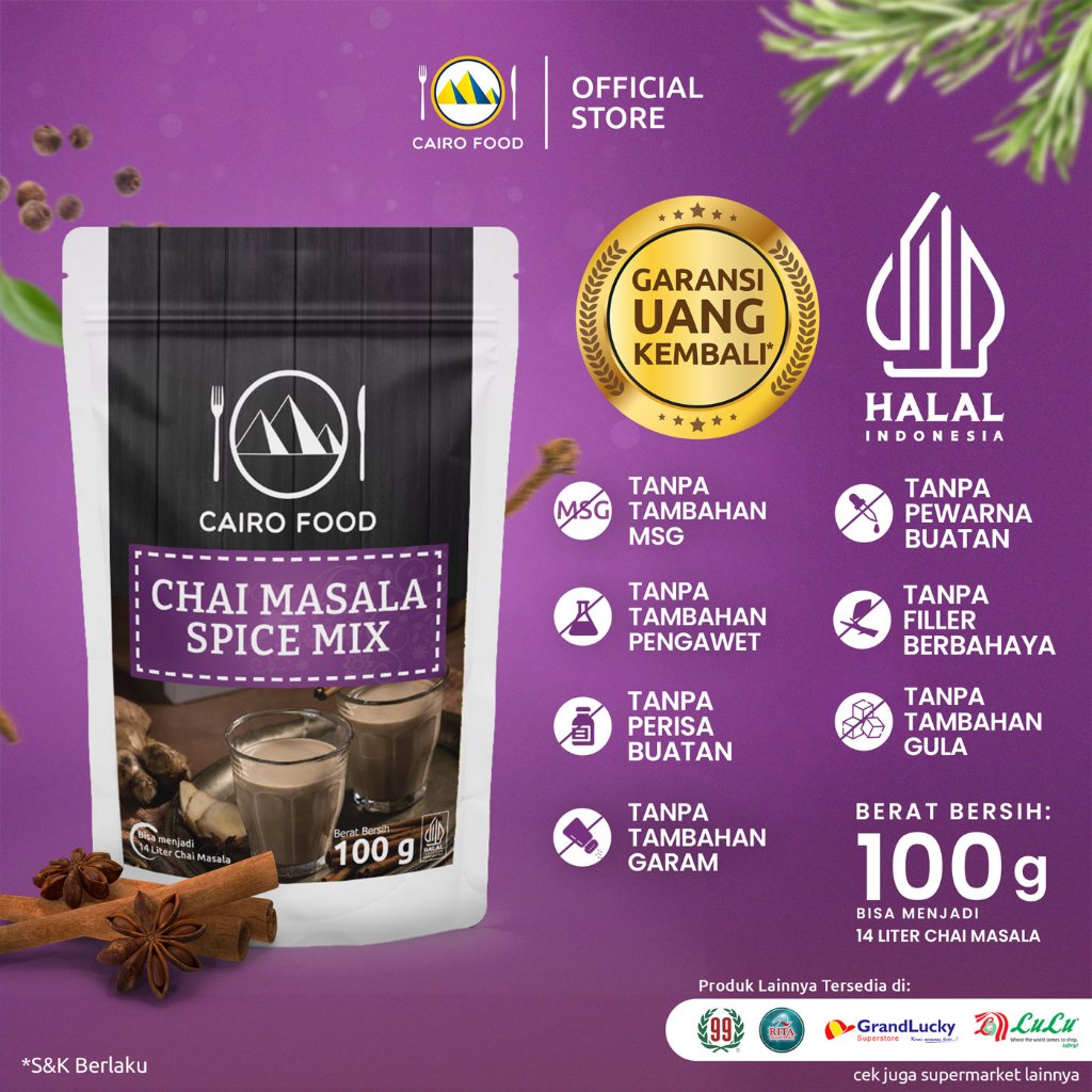 

Bubuk Minuman Chai Masala Sehat – Tanpa MSG, 100% Rempah Murni | Cairo Food - 100 Gram