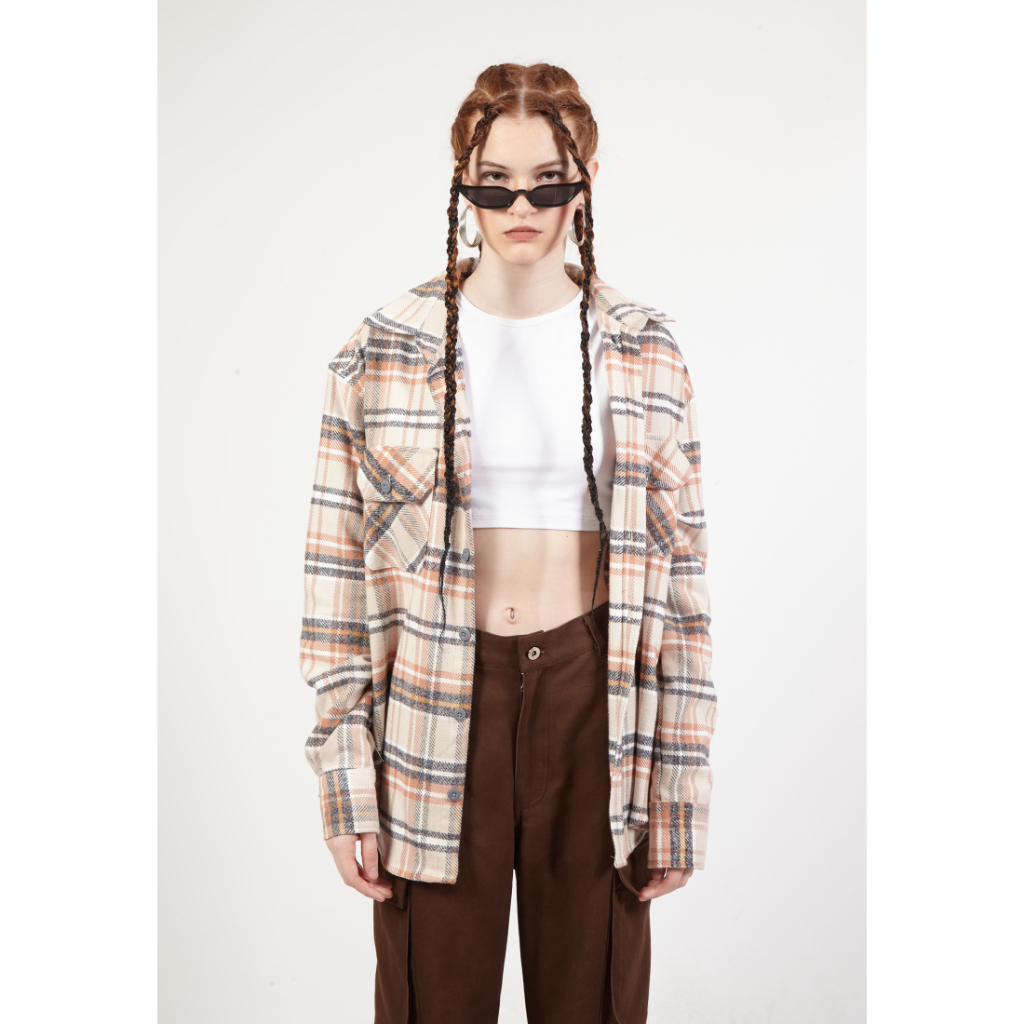 OCWA GINO OVERSIZED FLANNEL PLAID BEIGE CREAM GREY SHIRT