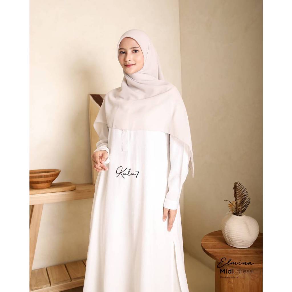 Zizara Elmina Tunik Midi Dress Baju Lebaran Putih Polos