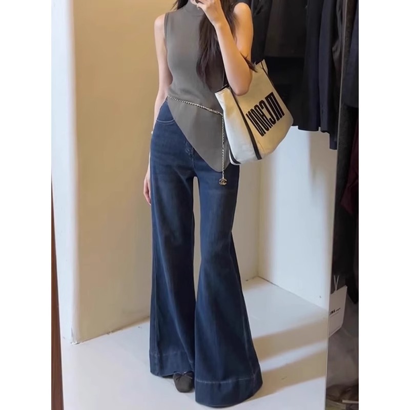 lulu-jeans Highwaist Celana Cutbray Jeans Wanita Biru tua Import--Denim melar,Panjang