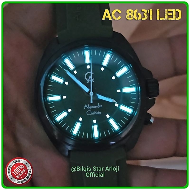 Alexandre Christie Led Ac 8631 Fosfor Case Hitam Tali Karet Original