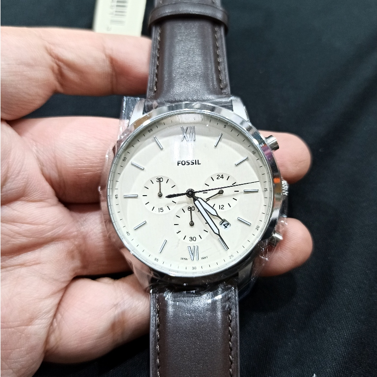 Jam Tangan Pria FL Ne*tra FS5380 Chronograph Cream Dial Silver Dark Brown Leather