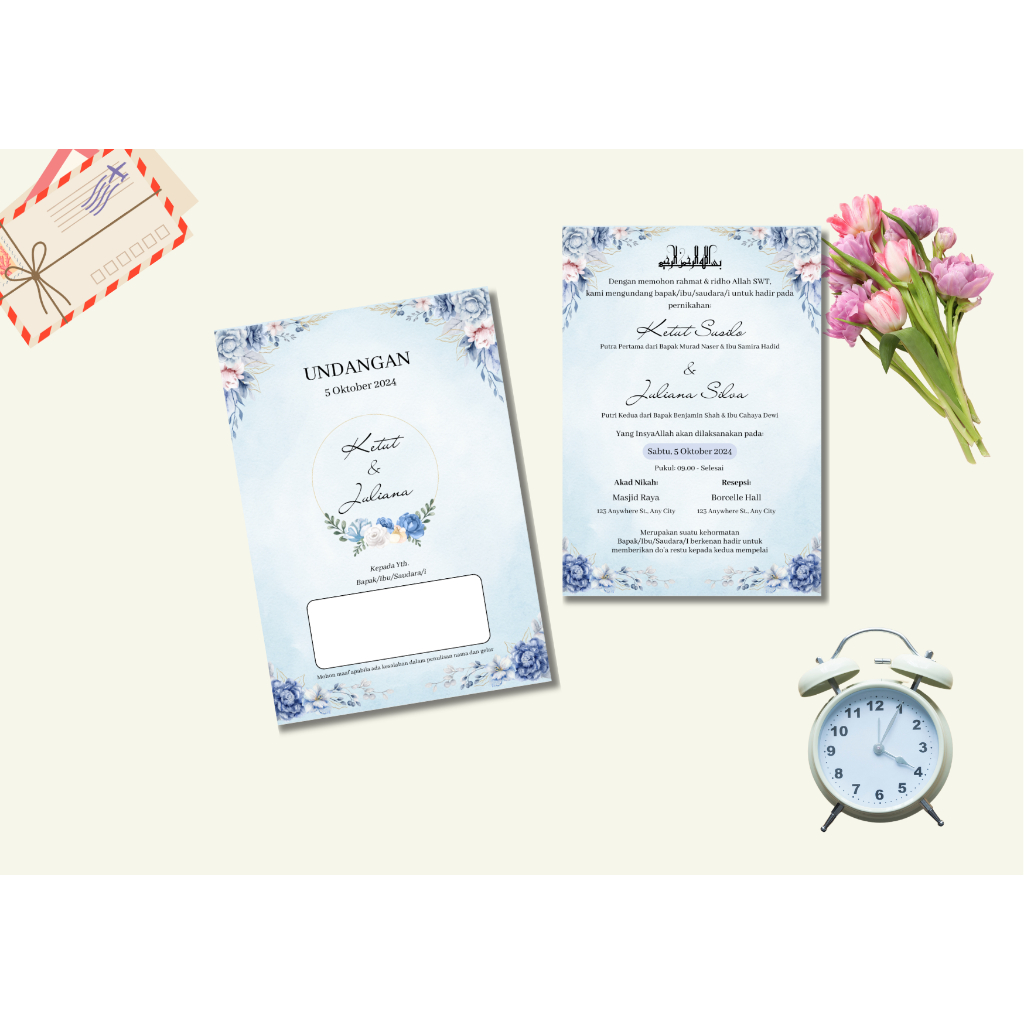 Undangan Pernikahan Elegan Biru Putih, Undangan Wedding Simple
