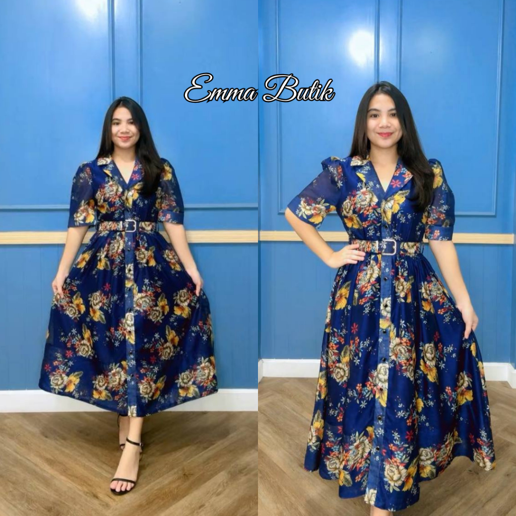 Emma.Butik E00248 Midi Dress Organza Gaun Pesta Wanita Gereja Casual A-line Motif