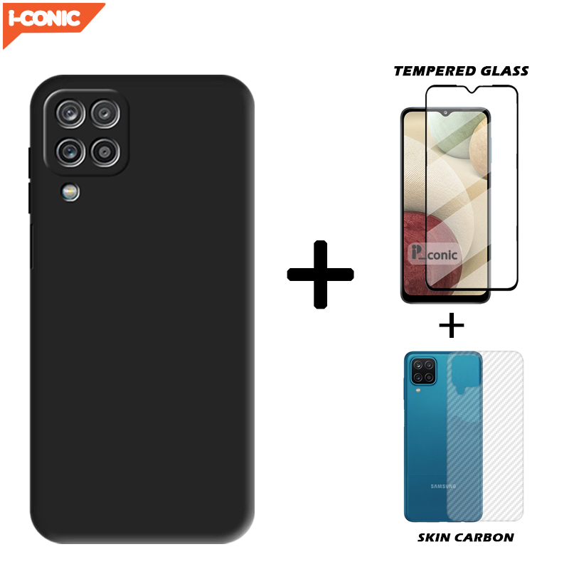 Case Samsung A12 / M12 Casing Slim Matte Silicone Free Tempered Glass dan Skin Carbon