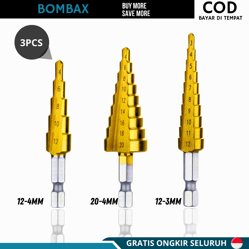 Mata Bor Spiral Pagoda 3-20 mm 3 PCS Drill Bit Mata Bor Besi Kayu HSS Titanium Drill