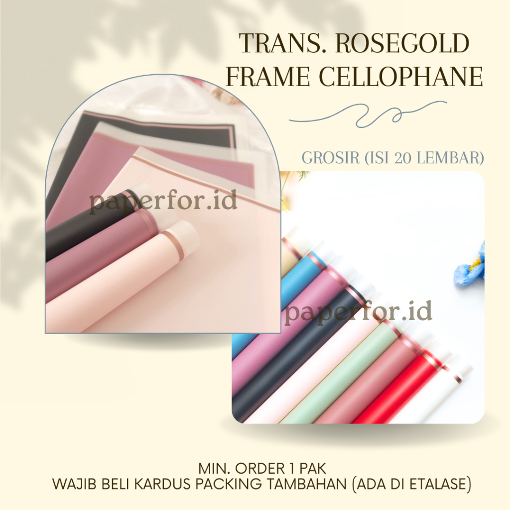 

GROSIR Kertas Buket Bunga Cellophane TRANS ROSEGOLD FRAME (TRGF) per LEMBAR