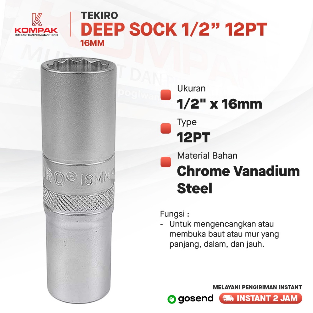 16mm TEKIRO MATA DEEP SOCK SOCKET PANJANG 16mm 16 mm 1/2" TEKIRO 6PT