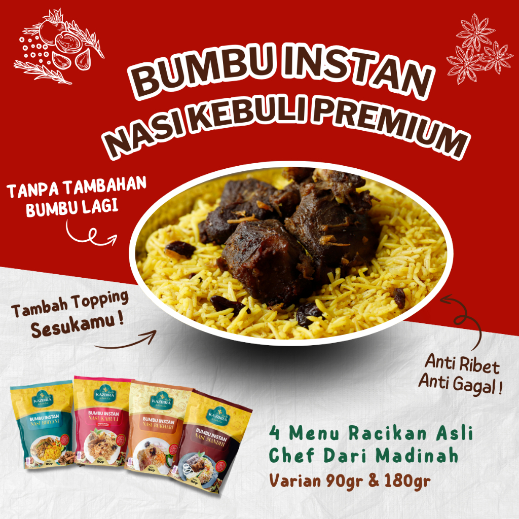 

Kazbira - Bumbu Instan Nasi Kebuli Premium Ala Timur Tengah - Bukan Bubuk Perisa