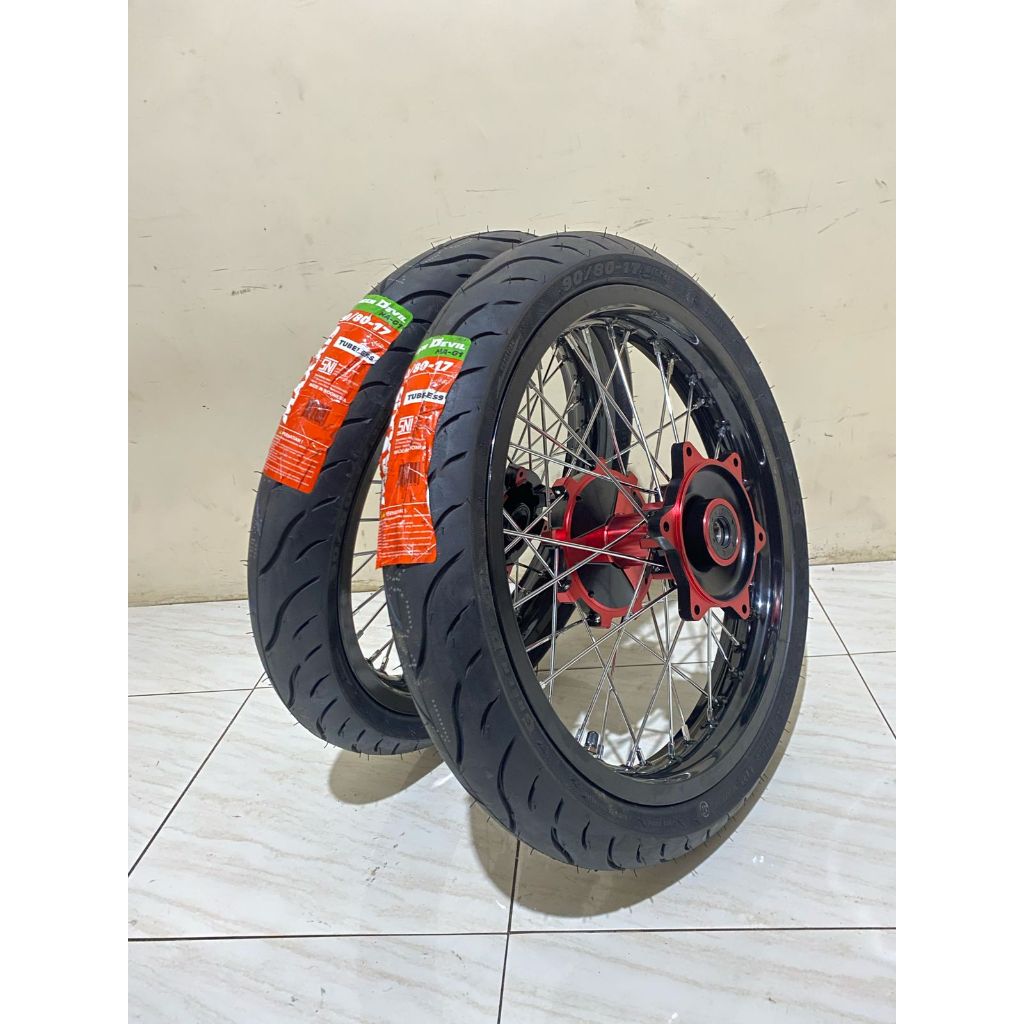PAKET VELG WHEELSET SUPERMOTO CRF KLX SEMI CACING HEREX ROSSI SCARLET BAN MAXXIS PRIMAX