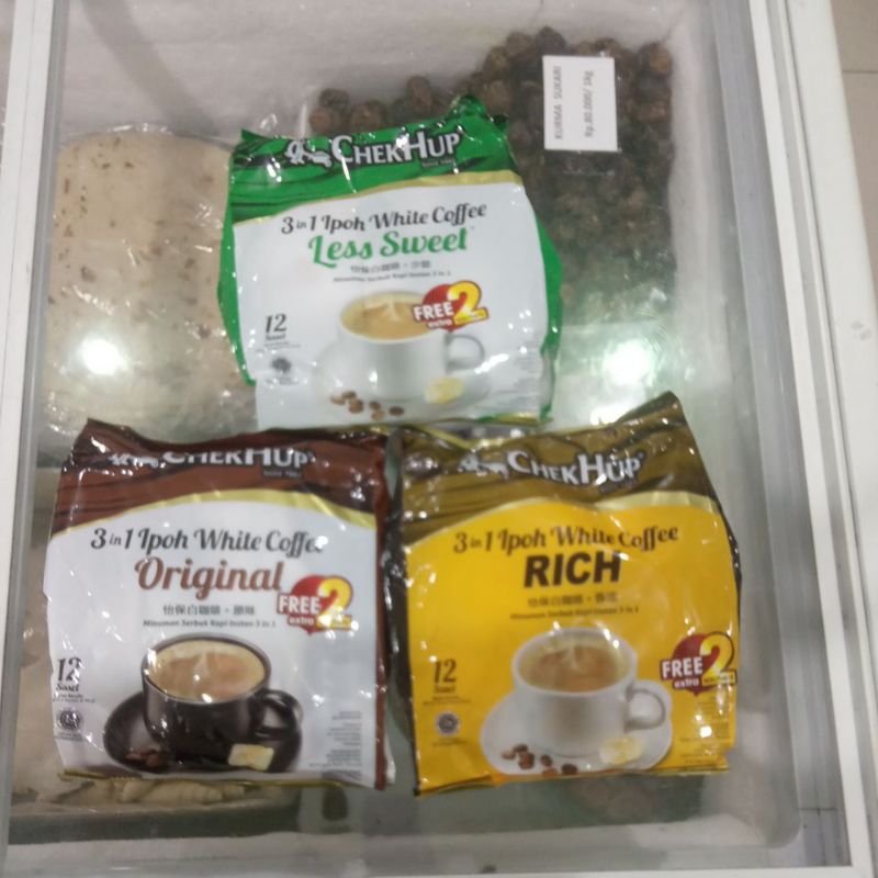 

COFFE CHEK HUP 3 in 1 Ipoh white coffe Varian Less Sweet, Rich, Original Isi 12 pcs X 40 gr