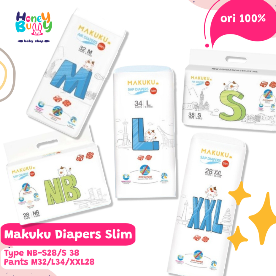 Terlaris MAKUKU SAP DIAPERS SLIM TAPE NB, TAPE S, PANTS M, L, XL, XXL