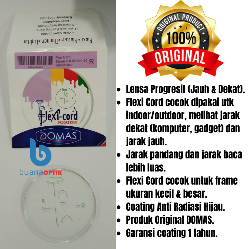 LENSA PROGRESSIVE FLEXI CORD ANTI REFLEKSI RADIASI UV DOMAS