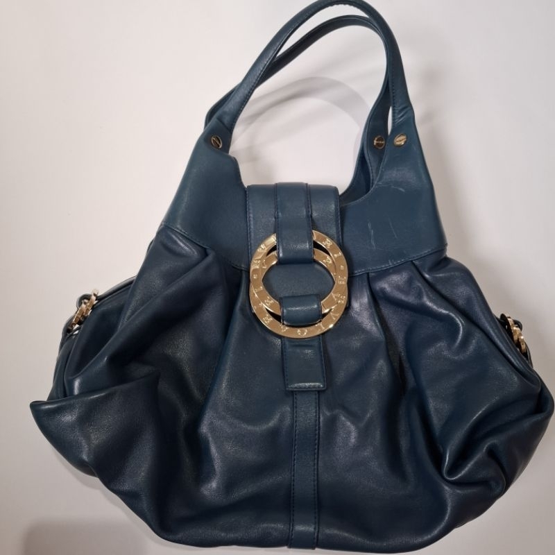 Preloved Bvlgari Teal Blue Leather Chandra / Bvlgari Chandra Shoulder Bag / Bvlgari Chandra Ring Buc